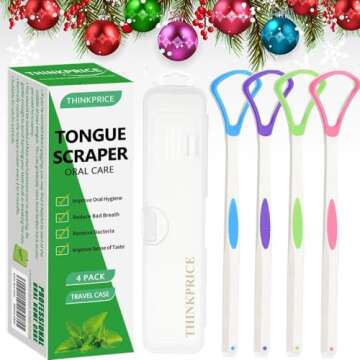 Tongue Scraper Cleaner 100% BPA Free Tongue Scrapers with Travel Handy Case for Adults, Kids, Healthy Oral Care, Easy to Use, Help Fight Bad Breath (4 PACK)