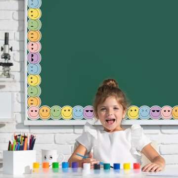 Whaline 32.8Ft Preppy Happy Face Bulletin Board Border Sunglasses Heart Smile Face Die Cut Trim Border Roll for Classroom Chalkboard School