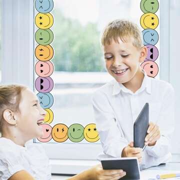 Whaline 32.8Ft Preppy Happy Face Bulletin Board Border Sunglasses Heart Smile Face Die Cut Trim Border Roll for Classroom Chalkboard School