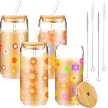 Cunhill 4 Pcs Iced Coffee Cup with Bamboo Lid and Straw 16oz Employee Appreciation Gift Glasses Cup Daisy Flower Butterfly Beer Can Cup Gift for Teacher Women Employee Coworker(Daisy)