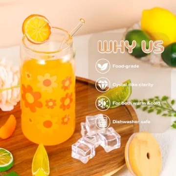 Cunhill 4 Pcs Iced Coffee Cup with Bamboo Lid and Straw 16oz Employee Appreciation Gift Glasses Cup Daisy Flower Butterfly Beer Can Cup Gift for Teacher Women Employee Coworker(Daisy)