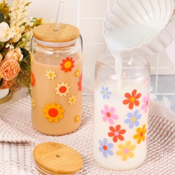 Cunhill 4 Pcs Iced Coffee Cup with Bamboo Lid and Straw 16oz Employee Appreciation Gift Glasses Cup Daisy Flower Butterfly Beer Can Cup Gift for Teacher Women Employee Coworker(Daisy)