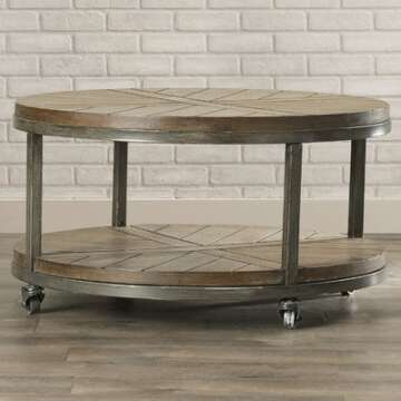 Drossett Wood & Iron Design Round Coffee Table with Casters in Light Mahogany