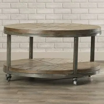Drossett Wood & Iron Design Round Coffee Table with Casters in Light Mahogany