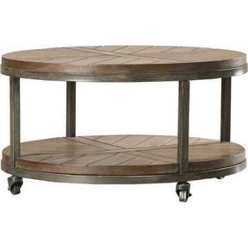 Drossett Wood & Iron Design Round Coffee Table with Casters in Light Mahogany