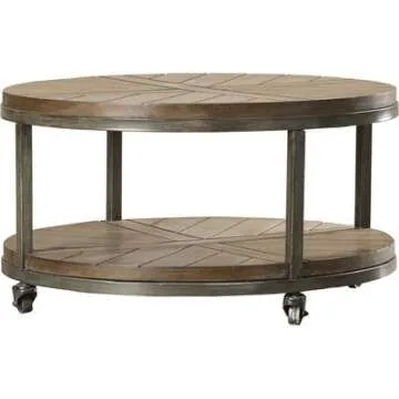 Drossett Wood & Iron Design Round Coffee Table with Casters in Light Mahogany