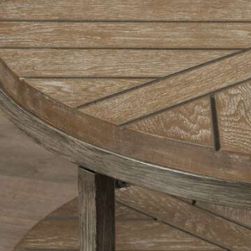 Drossett Wood & Iron Design Round Coffee Table with Casters in Light Mahogany