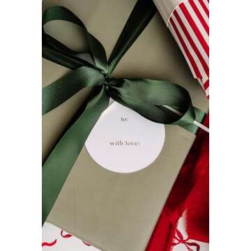 Merry Market Christmas Holiday Letterpress Gift Tags, Gold Foil, Merry, to and with Love, Set of 25 Paper Tags with Satin Ribbon, Round