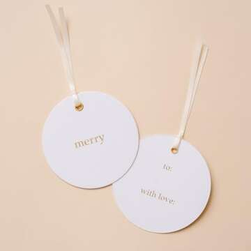 Merry Market Christmas Holiday Letterpress Gift Tags, Gold Foil, Merry, to and with Love, Set of 25 Paper Tags with Satin Ribbon, Round