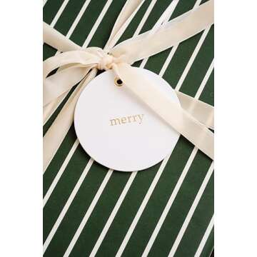 Merry Market Christmas Holiday Letterpress Gift Tags, Gold Foil, Merry, to and with Love, Set of 25 Paper Tags with Satin Ribbon, Round