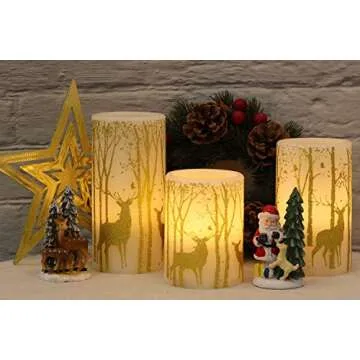 GenSwin Flickering Flameless Candles Battery Operated with 6 Hours Timer, Real Wax Led Pillar Candles Deer Decal Warm Light, Pack of 3 Christmas Home Decor