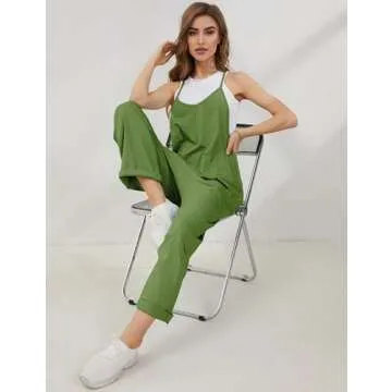 Lentta Women's Causal Jumpsuits V Neck Sleeveless Harem Overalls Stretchy Adjustable Strap Romper with Pockets(ArmyGreen-XS)