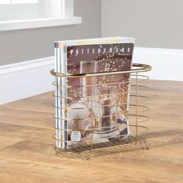 mDesign Freestanding Newspaper Holder for Bathroom - Beautiful Metal Magazine Rack - Chic Bathroom Accessories for Newspapers, Magazines, Books etc. - Brass