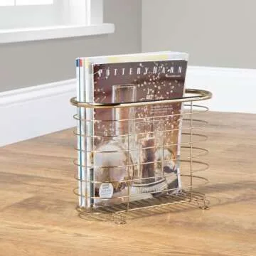 mDesign Freestanding Newspaper Holder for Bathroom - Beautiful Metal Magazine Rack - Chic Bathroom Accessories for Newspapers, Magazines, Books etc. - Brass