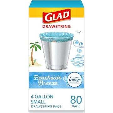 Glad Odorshield Small Drawstring Trash Bags, 4 Gal, Febreze Beachside Breeze, 80 Ct, Pack May Vary