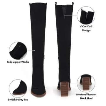 Ermonn Knee High Boots Women Chunky Heels Stylish Shoes