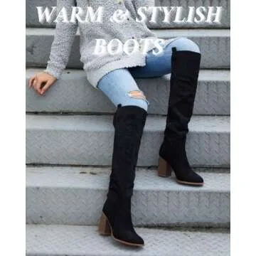 Ermonn Knee High Boots Women Chunky Heels Stylish Shoes