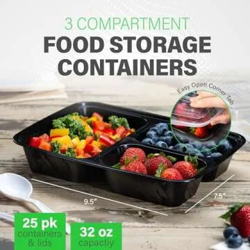 Ez Prepa 25 Pack 32oz 3 Compartment Meal Prep Containers with Lids -Food Storage Containers Plastic, Bento Box, Lunch Containers, Microwavable, Freezer and Dishwasher Safe, Food Containers