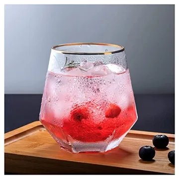 Diamond Wine Glass Set of 2, Modern Stemless Golden Edge Glass Cups Drinking Glassware for Serving Party,Home,Bar, Restaurants Transparent