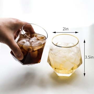 Diamond Wine Glass Set of 2, Modern Stemless Golden Edge Glass Cups Drinking Glassware for Serving Party,Home,Bar, Restaurants Transparent