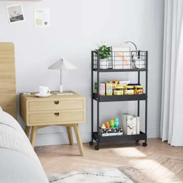KINGRACK 3-Tier Metal Rolling Utility Cart, Slim Storage Cart, Slide Out Storage Cart, Small Rolling Trolley Kitchen Cart, Cart for Bathroom Laundry Room Office Narrow Place, Black