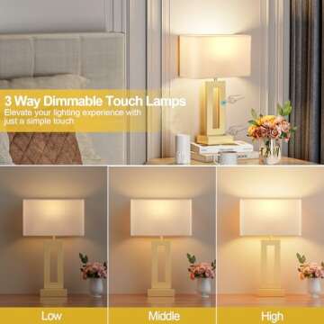 Bedroom Table Lamps Set of 2 - Touch Bedside Lamps with USB C+A, 3 Way Dimmable Gold Lamp for Nights...