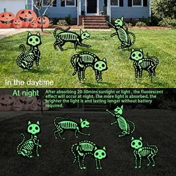 Outdoor Halloween Decorations Yard Signs - 5pcs Glow in The Dark Skeleton Black Cat Silhouette Lawn Signs with Stakes for Halloween Lawn Garden Front Yard Decorations Outside