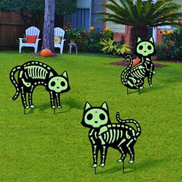 Outdoor Halloween Decorations Yard Signs - 5pcs Glow in The Dark Skeleton Black Cat Silhouette Lawn Signs with Stakes for Halloween Lawn Garden Front Yard Decorations Outside