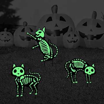 Outdoor Halloween Decorations Yard Signs - 5pcs Glow in The Dark Skeleton Black Cat Silhouette Lawn Signs with Stakes for Halloween Lawn Garden Front Yard Decorations Outside