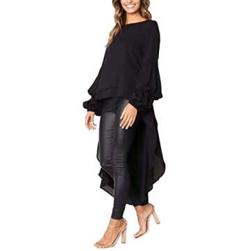 Jyccr Loose Round Neck Long Ruffle Sleeve Irregular High Low Tunic Top(Black,XL)