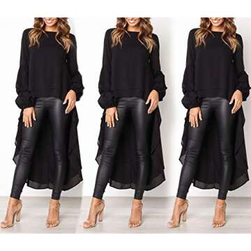 Jyccr Loose Round Neck Long Ruffle Sleeve Irregular High Low Tunic Top(Black,XL)