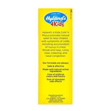 Hyland's Cold Medicine for Kids Ages 2 and up, Cold 'n Mucus Relief Liquid, Natural Relief of Mucus and Congestion, Runny Nose, Cough, 4 Ounces