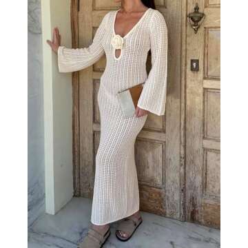 Leoparts Women's Knitted Swimsuit Cover Up 3D Floral Hollow Out Open Back Tie-Up Maxi Dress Beachwear Coverup Dresses