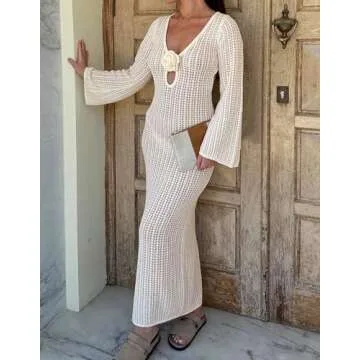 Leoparts Women's Knitted Swimsuit Cover Up 3D Floral Hollow Out Open Back Tie-Up Maxi Dress Beachwear Coverup Dresses