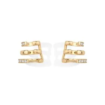 PAVOI 14K Yellow Gold Plated Sterling Silver Posts Triple Hoop Statement Earrings | No Piercing Multi Huggie Crawler Earrings for Women