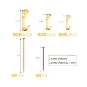 184 Pieces Picture Hanging Kit, 20lb, 30lb, and 50lb Picture Hangers, Metal Picture Hanging Hooks with Nails, on Drywall, Wooden Wall(Gold)