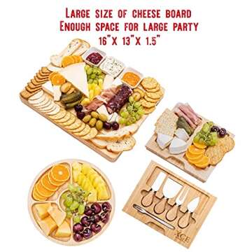 XcE Bamboo Cheese Board and Charcuterie Board with Knife Set, 16 x 13 x 1.5 inch, Include Extra Round Fruit Plate - Gift for Men, Women, Mother, Housewarming