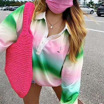 QTKJ Hand-woven Soft Large Straw Shoulder Bag Boho Straw Handle Tote Retro Summer Beach Bag Rattan Handbag (Pink)