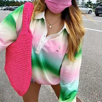 QTKJ Hand-woven Soft Large Straw Shoulder Bag Boho Straw Handle Tote Retro Summer Beach Bag Rattan Handbag (Pink)