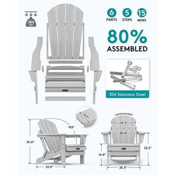 SERWALL Foldable Adirondack Chair Set of 2 for Patio Garden Outdoors Fire Pit-Space Grey