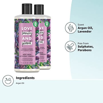 Love Beauty and Planet Relaxing Rain Body Wash Enjoy Soft, Smooth Skin with a Soothing-Relaxed Feel Argan Oil and Lavender Paraben Free and Vegan Body Wash, 16 Fl Oz (Pack of 2)