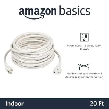 Amazon Basics Power Extension Cord, 20 Feet, 13 Amps, 125V, White