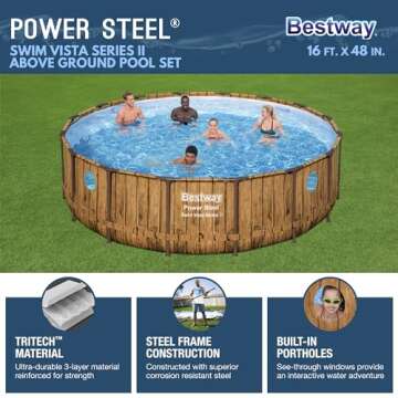 Bestway Power Steel Swim Vista Series II 16' x 48" Round Above Ground Outdoor Swimming Pool Set with Built-in Windows, Filter Pump, Ladder, and Cover