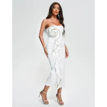 Sexy Floral Diamante Strapless Bandage Midi Dress