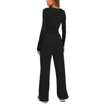 Darong Women's 2 Piece Sets Fall Outfits Long Sleeve Wide Leg Tracksuits Casual Sweat Sets Lounge Set 9065A Black M