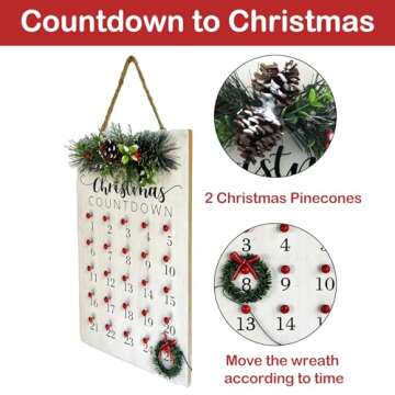 HOMirable Christmas Countdown 25 Days Wreath Advent Calendar Number Date Decor Merry Christmas Sign Rustic Wooden Home Decorations Holiday Xmas Party Ornament Gift
