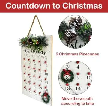 HOMirable Christmas Countdown 25 Days Wreath Advent Calendar Number Date Decor Merry Christmas Sign Rustic Wooden Home Decorations Holiday Xmas Party Ornament Gift