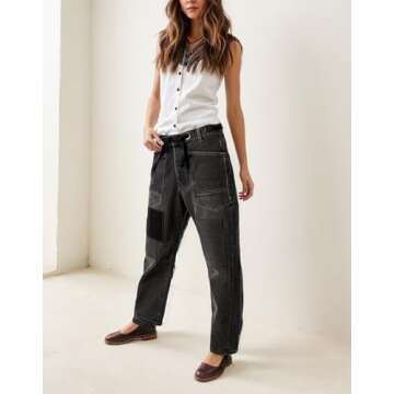 Kedera Womens Baggy Barrel Horseshoe Jeans Drawstring Boyfriend Wide Leg Denim Pants with Pockets Black