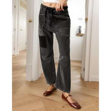 Kedera Womens Baggy Barrel Horseshoe Jeans Drawstring Boyfriend Wide Leg Denim Pants with Pockets Black