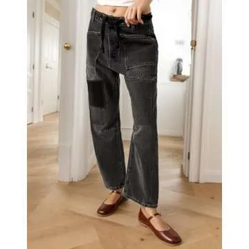 Kedera Womens Baggy Barrel Horseshoe Jeans Drawstring Boyfriend Wide Leg Denim Pants with Pockets Black